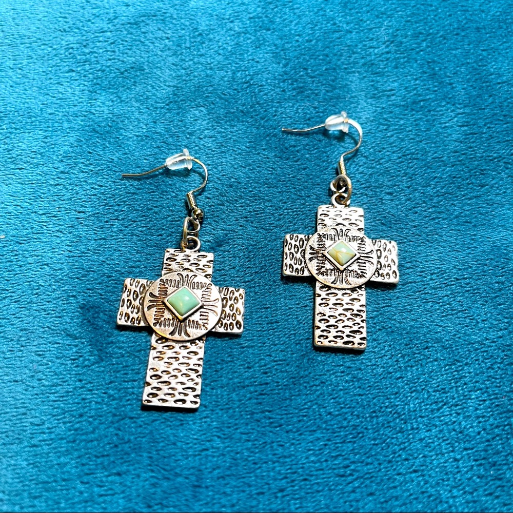 Artisan silver cross turquoise Earrings